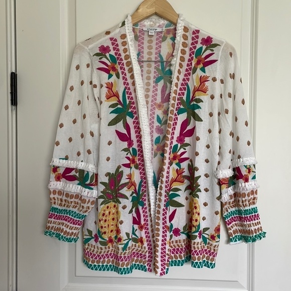 Chico's Sweaters - Chico’s Women’s Tropic Trim Cardigan Sweater White/Multi M